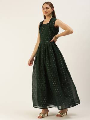 EthnoVog Ready To Wear Teal Green Art Silk Cotton Jacquard Dress 3