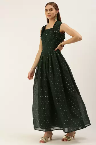 EthnoVog Ready To Wear Teal Green Art Silk Cotton Jacquard Dress