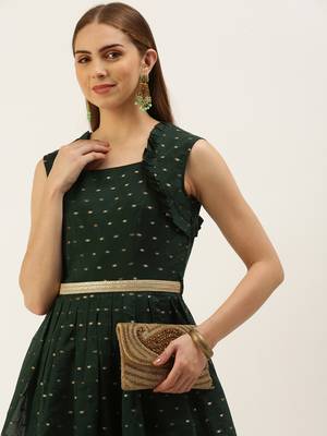 EthnoVog Ready To Wear Teal Green Art Silk Cotton Jacquard Dress 5