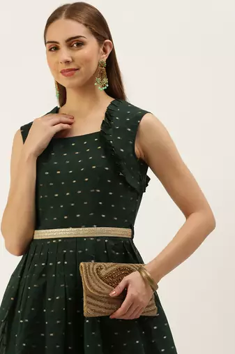 EthnoVog Ready To Wear Teal Green Art Silk Cotton Jacquard Dress