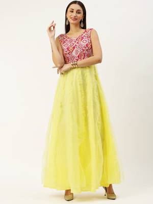 EthnoVog Ready To Wear Pink N Yellow Georgette Embroidered Ruffle Gown 1