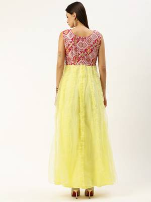 EthnoVog Ready To Wear Pink N Yellow Georgette Embroidered Ruffle Gown 2