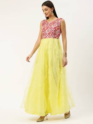 EthnoVog Ready To Wear Pink N Yellow Georgette Embroidered Ruffle Gown 3