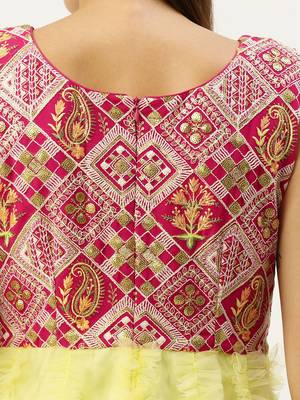 EthnoVog Ready To Wear Pink N Yellow Georgette Embroidered Ruffle Gown 5