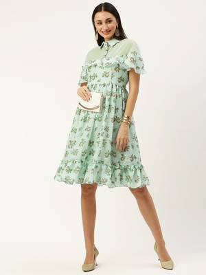 EthnoVog Ready To Wear Mint Green Georgette Digital Printed Dress 1