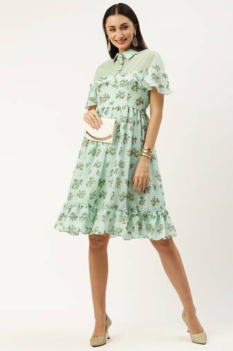 EthnoVog Ready To Wear Mint Green Georgette Digital Printed Dress