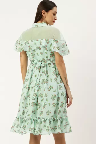 EthnoVog Ready To Wear Mint Green Georgette Digital Printed Dress