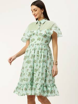EthnoVog Ready To Wear Mint Green Georgette Digital Printed Dress 3