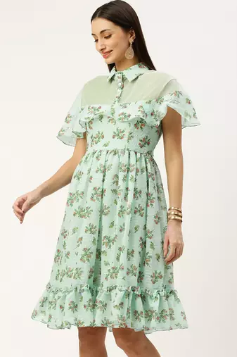 EthnoVog Ready To Wear Mint Green Georgette Digital Printed Dress