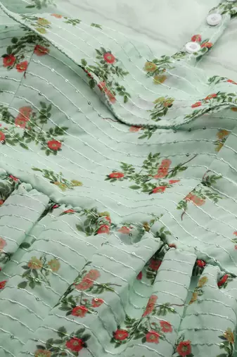 EthnoVog Ready To Wear Mint Green Georgette Digital Printed Dress