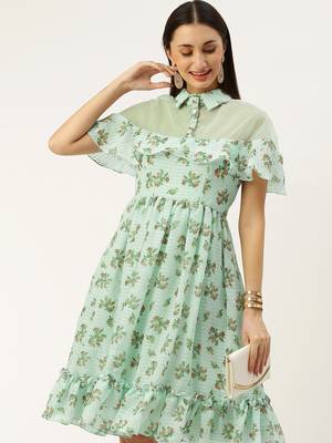 EthnoVog Ready To Wear Mint Green Georgette Digital Printed Dress 5