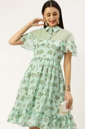 EthnoVog Ready To Wear Mint Green Georgette Digital Printed Dress