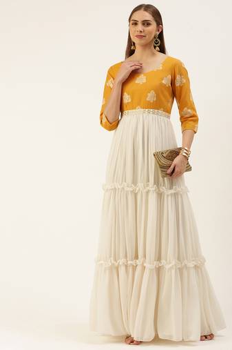 EthnoVog Ready To Wear Mustard Cotton Jacquard N White Georgette Dress