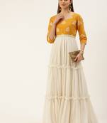 EthnoVog Ready To Wear Mustard Cotton Jacquard N White Georgette Dress