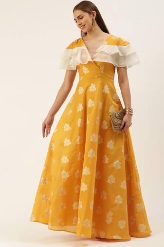 EthnoVog Ready To Wear Mustard Art Silk Ruffled Dress