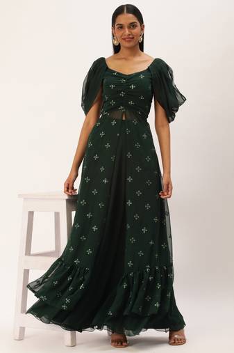 Ethnovog Ready To Wear Green Georgette Embroidered Maxi Dress