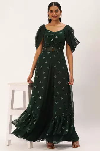 Ethnovog Ready To Wear Green Georgette Embroidered Maxi Dress