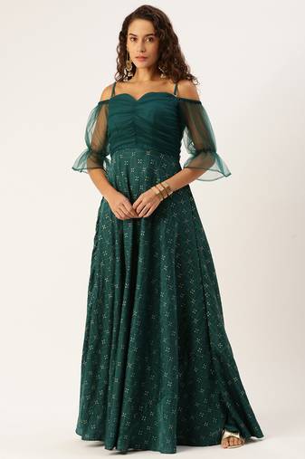 Ethnovog Ready To Wear Teal Green Art Silk Foil Printed Maxi Dress