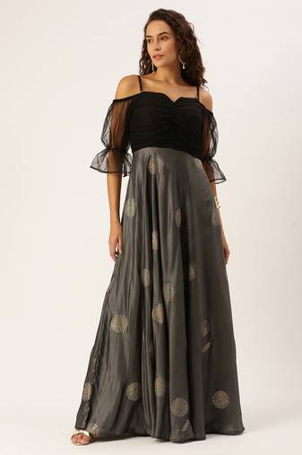 Ethnovog Ready To Wear Grey N Black Art Silk Foil Printed Maxi Dress