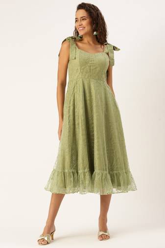 Ethnovog Ready To Wear Green Embroidered Net Corset Style Dress