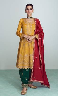 Yellow embroidered work silk semi-stitch salwar kameez with dupatta 1