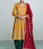 Yellow embroidered work silk semi-stitch salwar kameez with dupatta