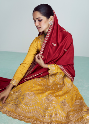 Yellow embroidered work silk semi-stitch salwar kameez with dupatta 3