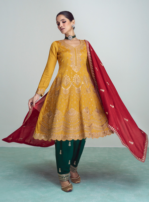 Yellow embroidered work silk semi-stitch salwar kameez with dupatta 4