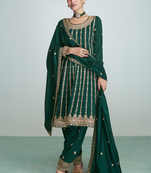 Green embroidered work silk semi-stitch salwar kameez with dupatta