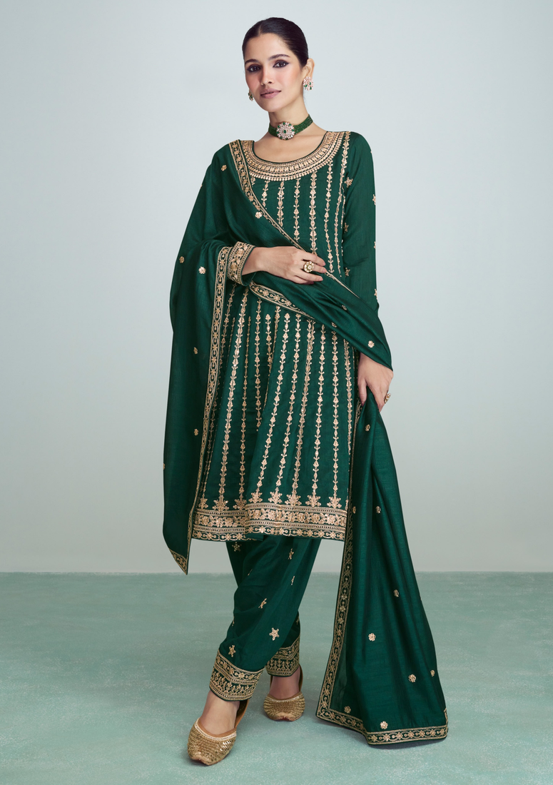 Green embroidered work silk semi-stitch salwar kameez with dupatta