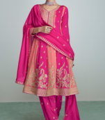 Pink embroidered work silk semi-stitch salwar kameez with dupatta