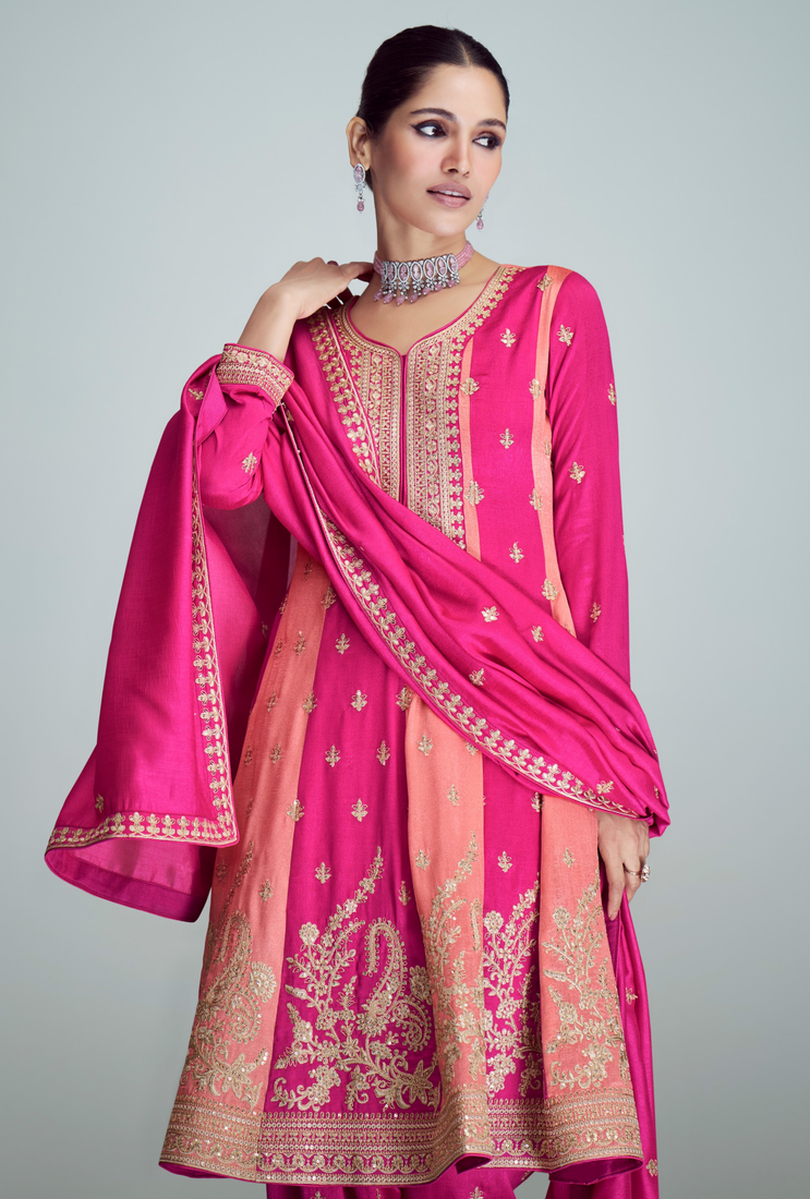 Pink embroidered work silk semi-stitch salwar kameez with dupatta