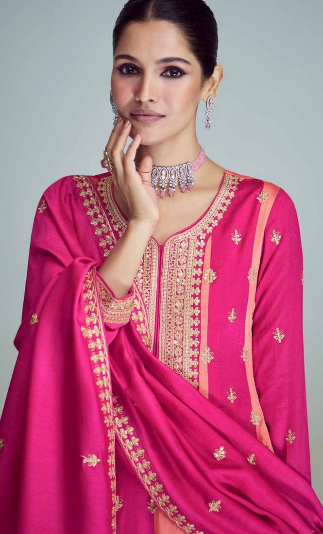 Pink embroidered work silk semi-stitch salwar kameez with dupatta