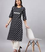 Winered women black ikat print with lace at yoke kurta