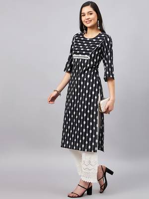 Winered women black ikat print with lace at yoke kurta 2