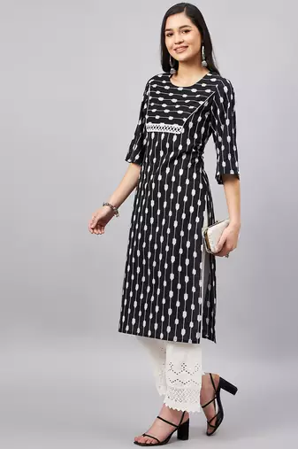 Winered women black ikat print with lace at yoke kurta