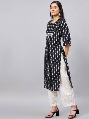 Winered women black ikat print with lace at yoke kurta 3