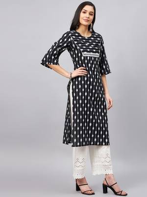 Winered women black ikat print with lace at yoke kurta 4