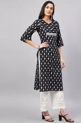 Winered women black ikat print with lace at yoke kurta