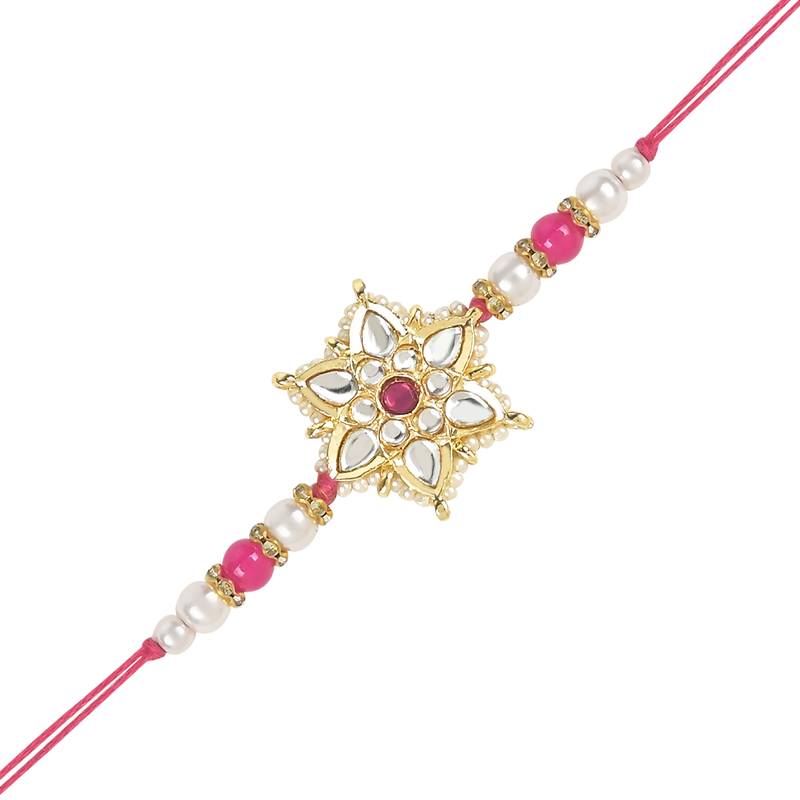 rakshabhandhan special kundan bhaiya bhabhi pearl hanging lumba bracelet rakhi combo set with roli chawal