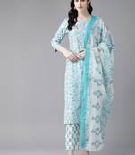 women white and green floral print kurta with trouser & dupatta
