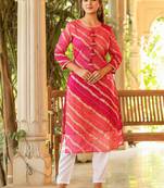 Yufta women hot pink leheriya and cotton lining straight kurta