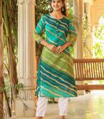 Yufta women green leheriya and cotton lining straight kurta