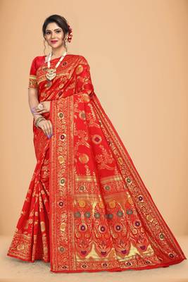 Red banarasi work silk blend womens saree with blouse 1