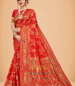 Red banarasi work silk blend womens saree with blouse