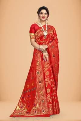 Red banarasi work silk blend womens saree with blouse 2