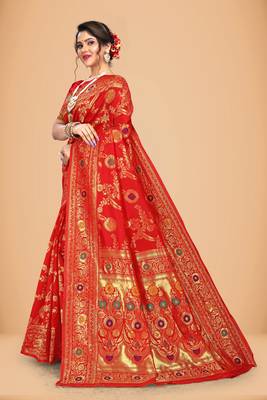 Red banarasi work silk blend womens saree with blouse 3