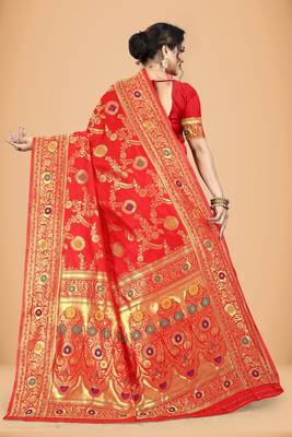 Red banarasi work silk blend womens saree with blouse 4