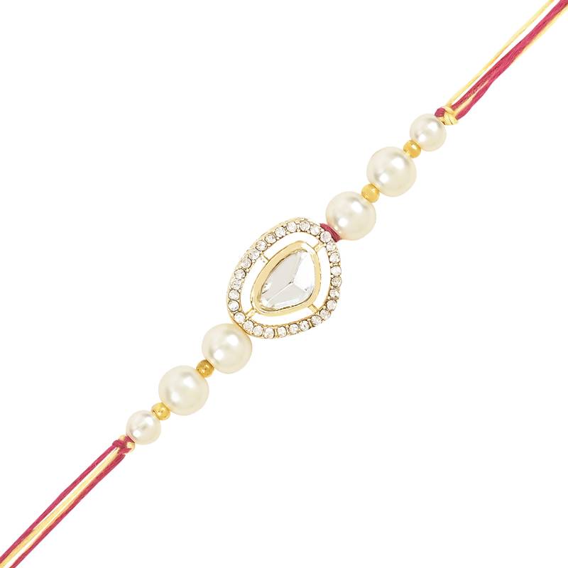 rakshabhandhan special kundan bhaiya bhabhi pearl hanging lumba bracelet rakhi combo set with roli chawal