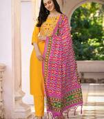 Trendmalls Yellow Malai Satin Embroidered Party Wear Kurta Pant with Dupatta Salwar Suit Set